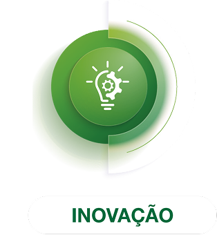 Ícone verde com lâmpada e engrenagem; texto “INOVAÇÃO” abaixo
