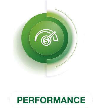 Gráfico circular verde com ícone de velocímetro e texto “PERFORMANCE”
