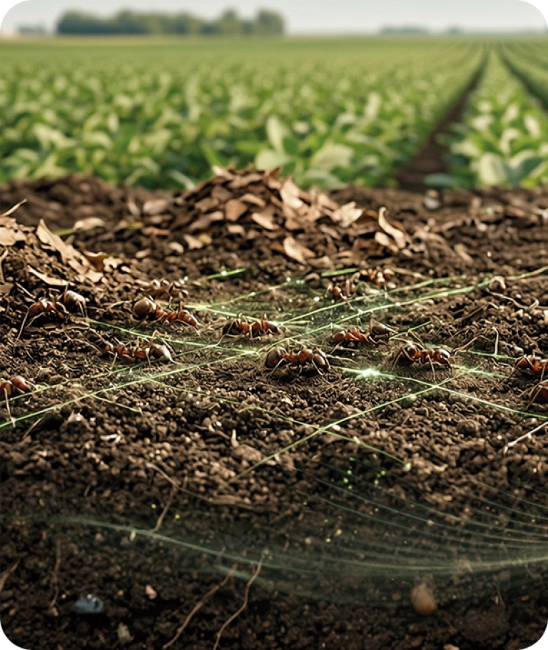 Spider web stretched over soil in a farm field, with green crops in the background