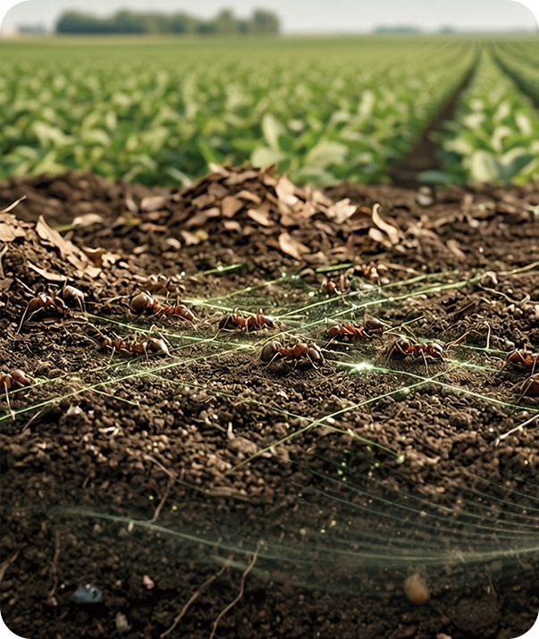 Spider web stretched over soil in a farm field, with green crops in the background